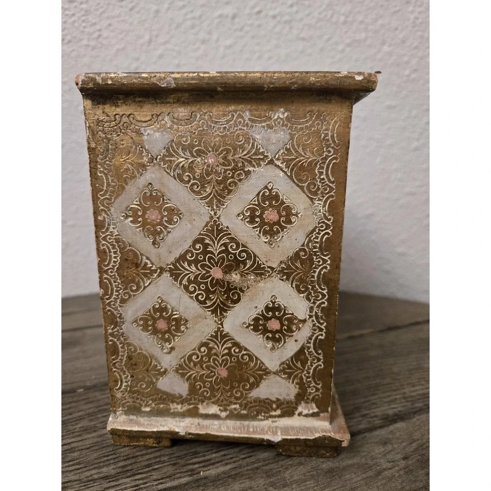 VINTAGE ITALIAN FLORENTINE JEWELRY BOX CHEST 3 DRAWER Gold Cream Pink 6.5
